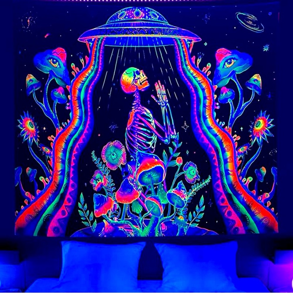 Trippy skeleton alien tapestry